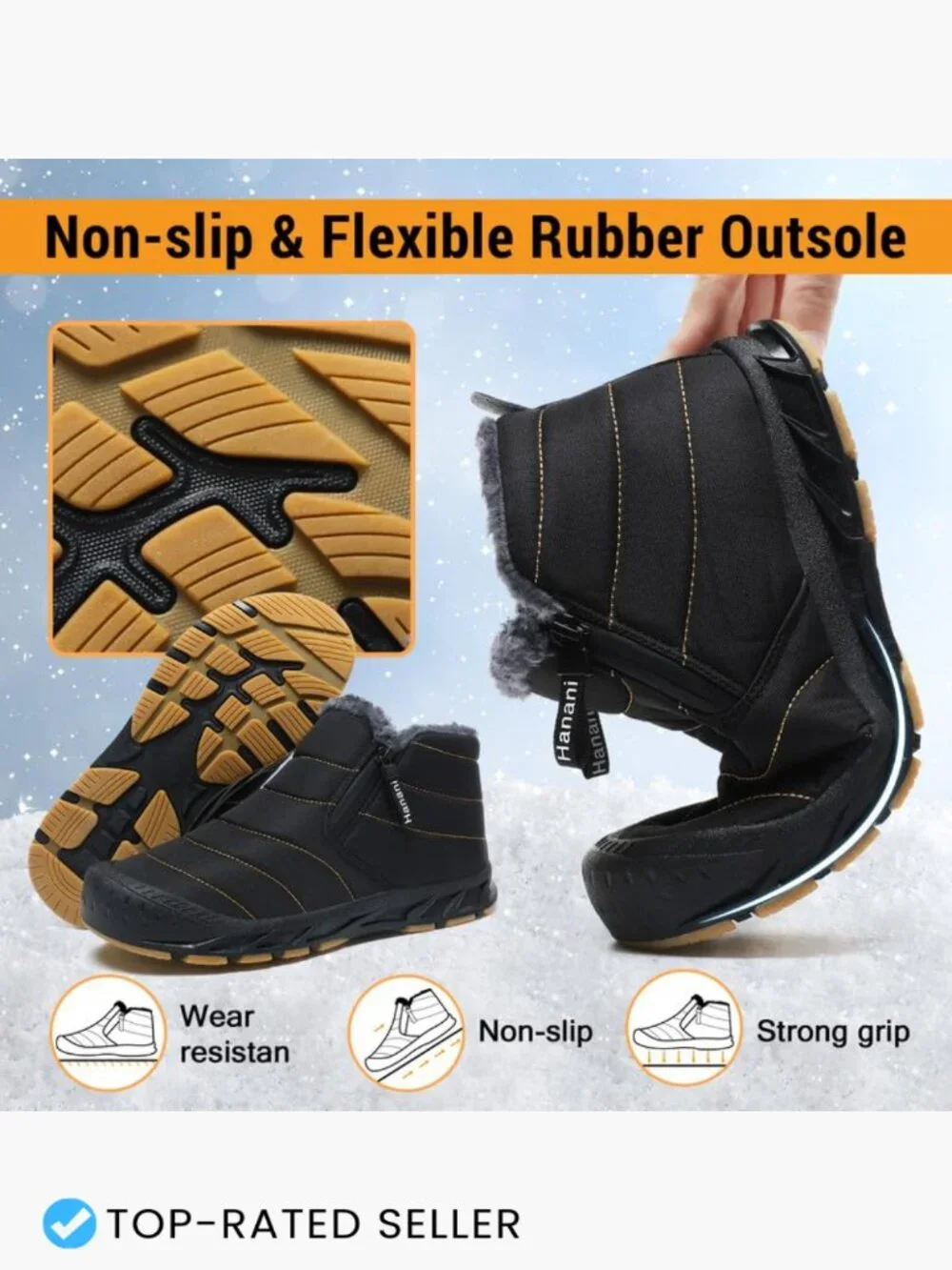 Men's Waterproof Snow Boots Warm Fur Lined Ankle Boots with Side Zipper Slip On